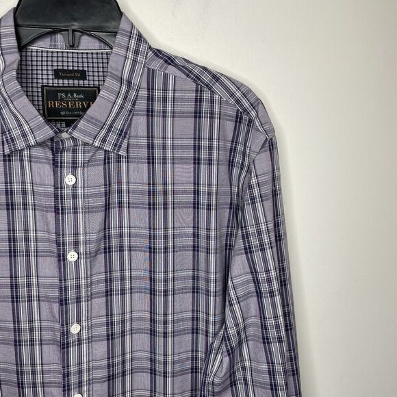 JOS A BANK Shirt Mens XL Tailored Fit Hidden Button Down Collar Purple Plaid - Picture 2 of 10